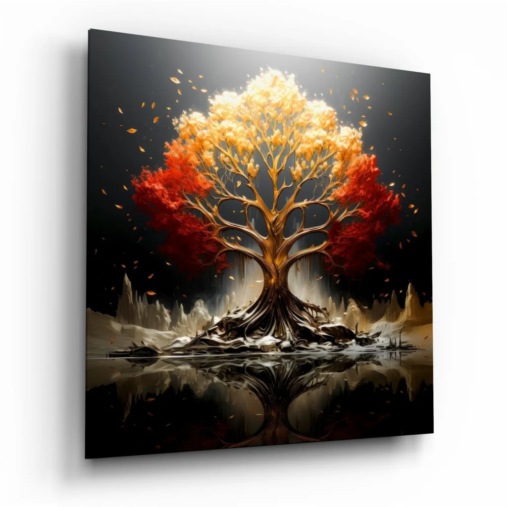 Majestic golden tree in fiery foliage on stunning tempered glass art