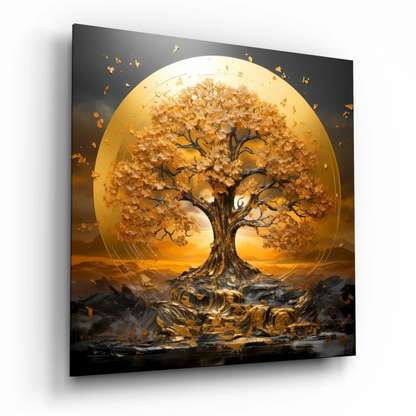 Stunning golden tree tempered glass art with intricate branches and autumn leaves
