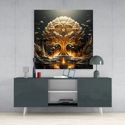 Magical Golden Tree Tempered Glass Art Print | Contemporary Home Wall Art | vintageantiquesgifts.com