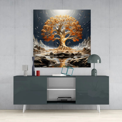 Vibrant golden desert tree on stunning tempered glass art