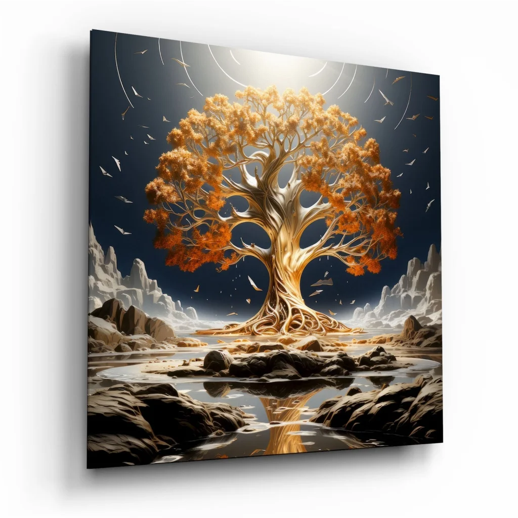 Stunning tempered glass art of golden desert tree with birds in dark sky