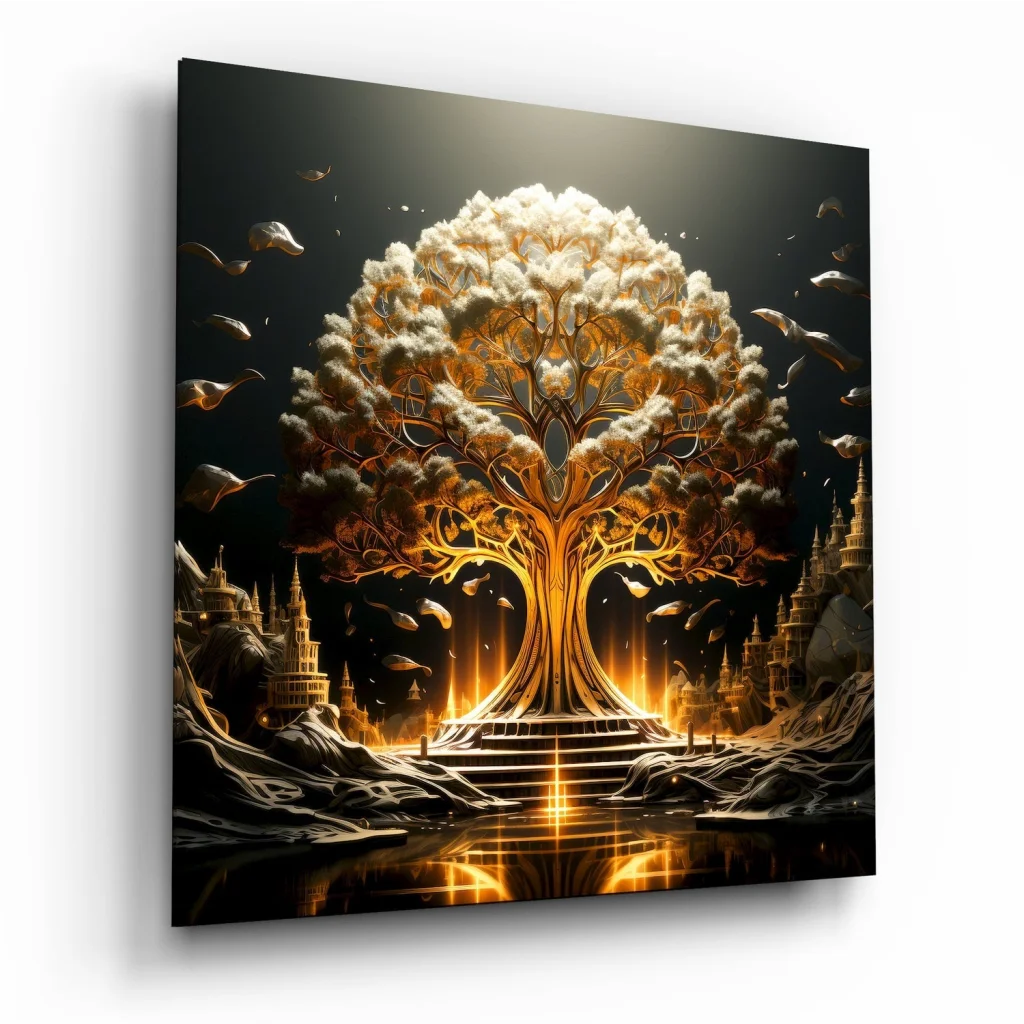 Magical Golden Tree Tempered Glass Art Print | Insigneart USA | vintageantiquesgifts.com