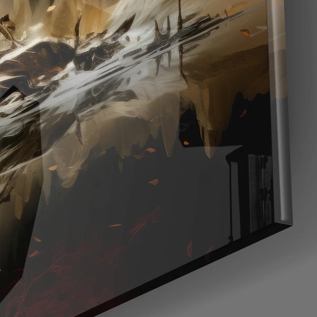 Stunning tempered glass art with golden tree, fiery foliage, and swirling gold black strokes