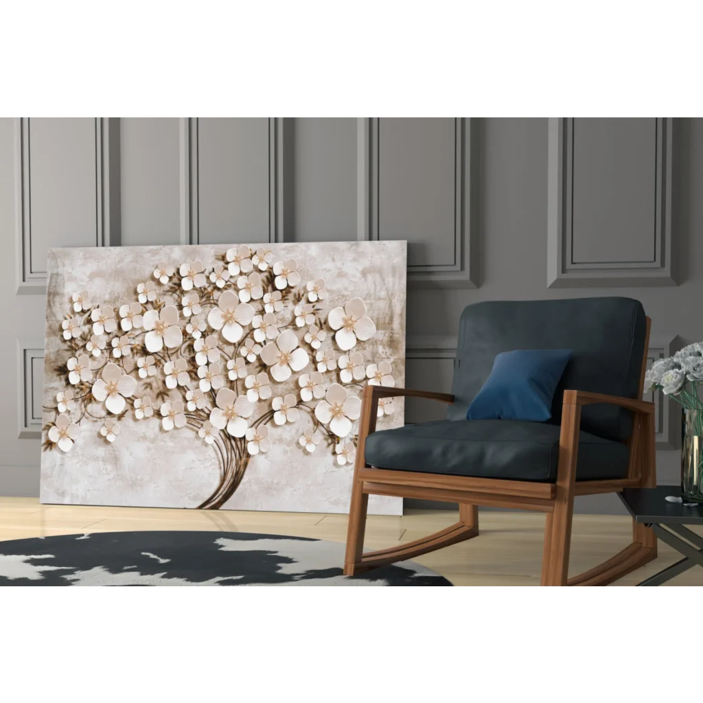 Stunning 3D floral tree glass wall art with textured cream blossoms