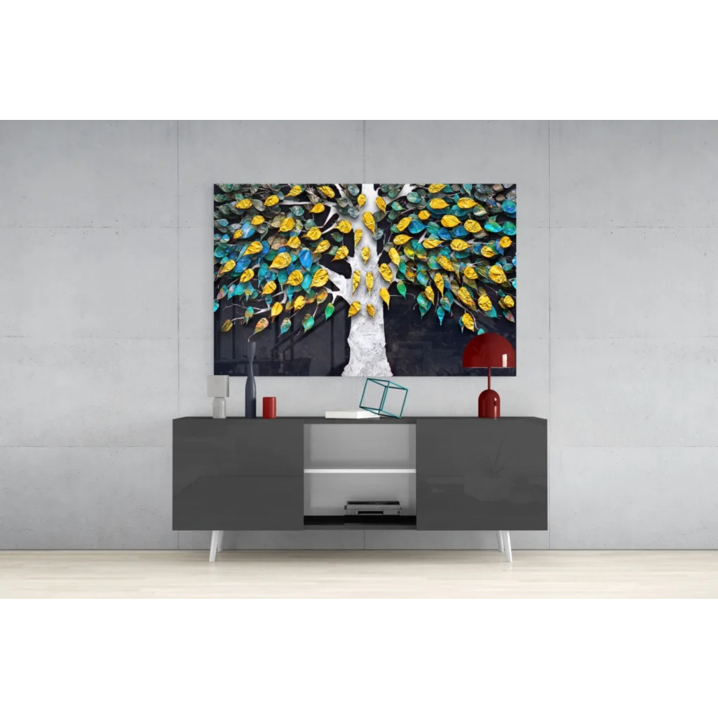 Vibrant 3D metallic tree glass wall art with textured white trunk and colorful leaves