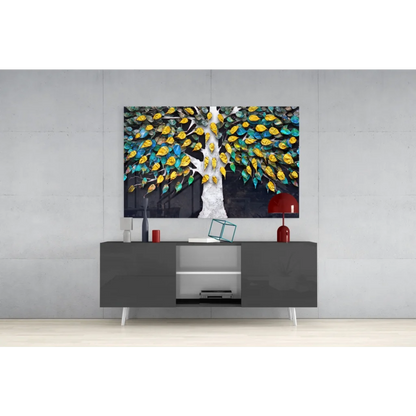 Vibrant 3D metallic tree glass wall art with textured white trunk and colorful leaves