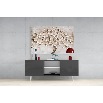 Stunning 3D beige gold textured tree wall art with cream blossoms