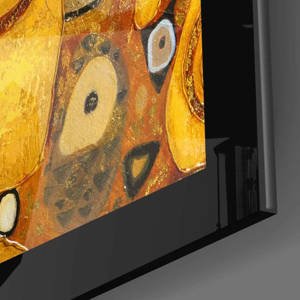 Vibrant Gustav Klimt glass wall art with golden swirls and bold eyes