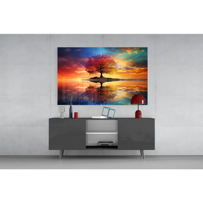 Vibrant sunset tree reflection canvas wall art print