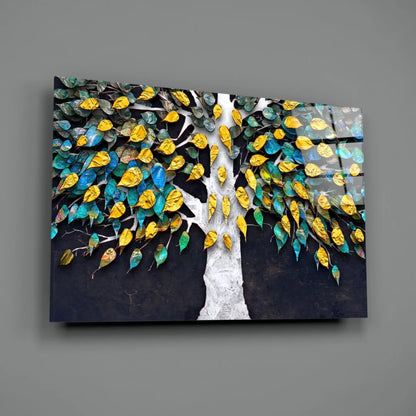Stunning 3D metallic tree glass wall art with white trunk and gold, teal, green leaves
