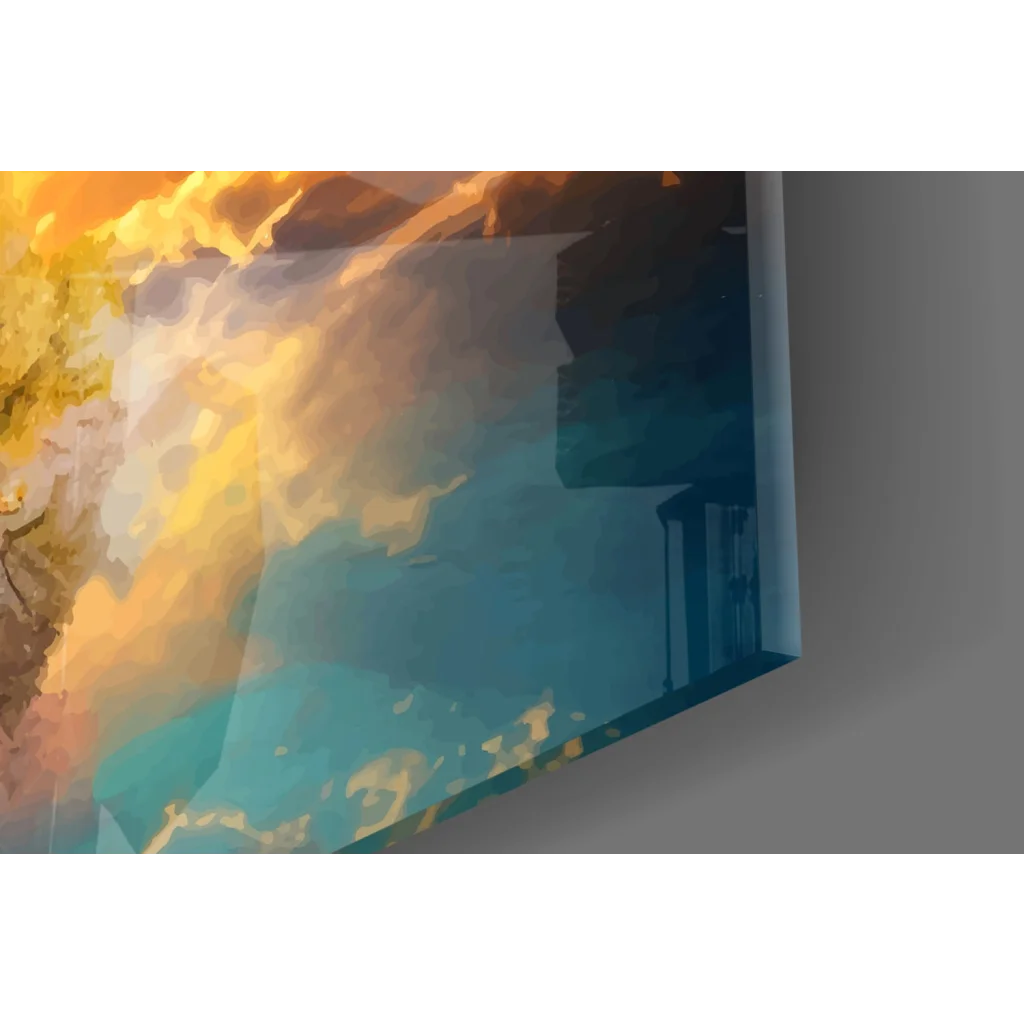 Vibrant sunset tree reflection canvas wall art print on teal sky