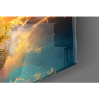 Vibrant sunset tree reflection canvas wall art print on teal sky