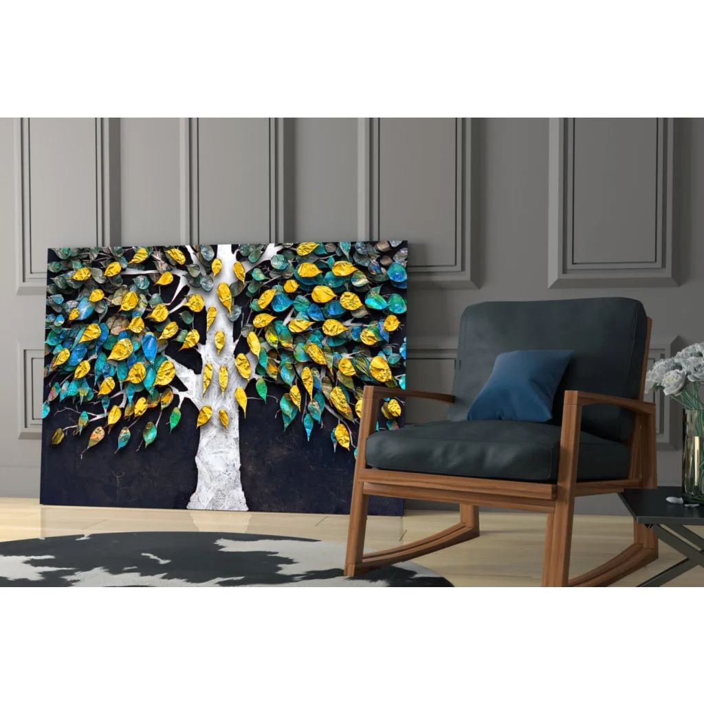 Vibrant 3D metallic tree glass wall art with textured white trunk and colorful leaves