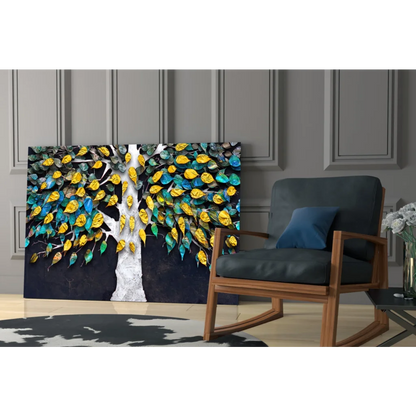 Vibrant 3D metallic tree glass wall art with textured white trunk and colorful leaves