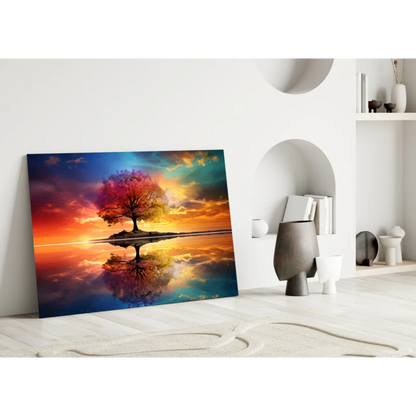 Vibrant sunset tree reflection canvas wall art print