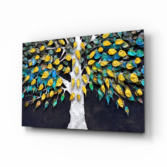 Stunning 3D metallic tree wall art with textured trunk and gold teal green leaves