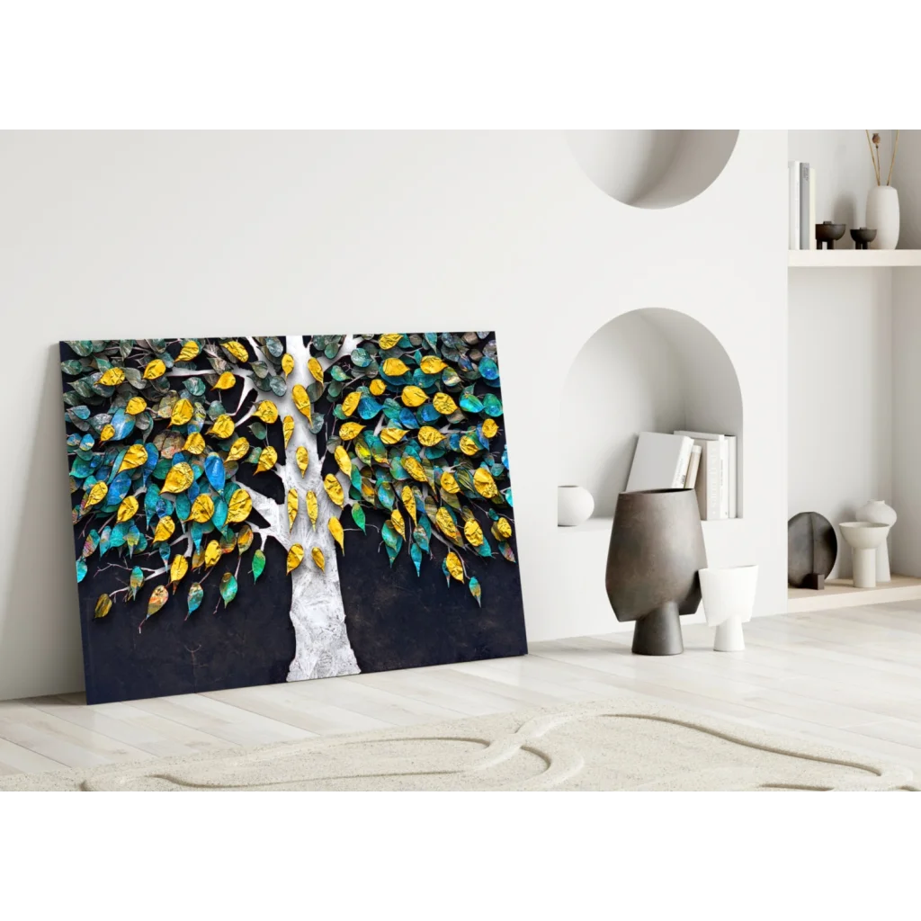 Vibrant 3D metallic glass wall art of textured tree with white trunk and colorful leaves
