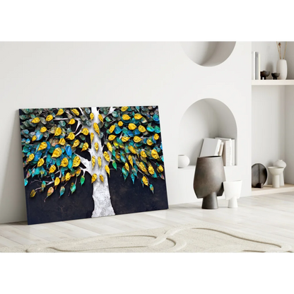 Vibrant 3D metallic glass wall art of textured tree with white trunk and colorful leaves