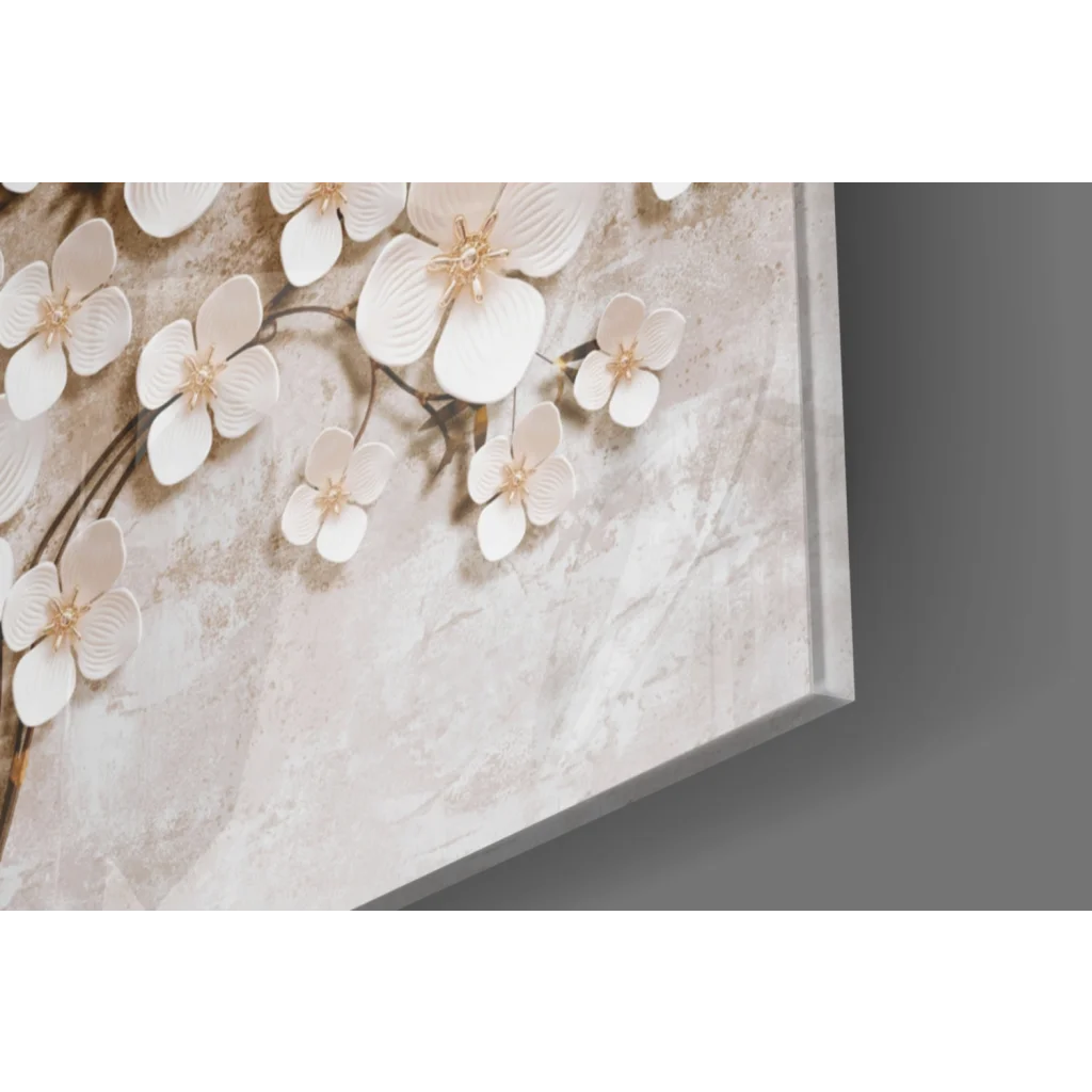 Stunning 3D floral wall art with white ceramic flowers and gold centers on marble canvas