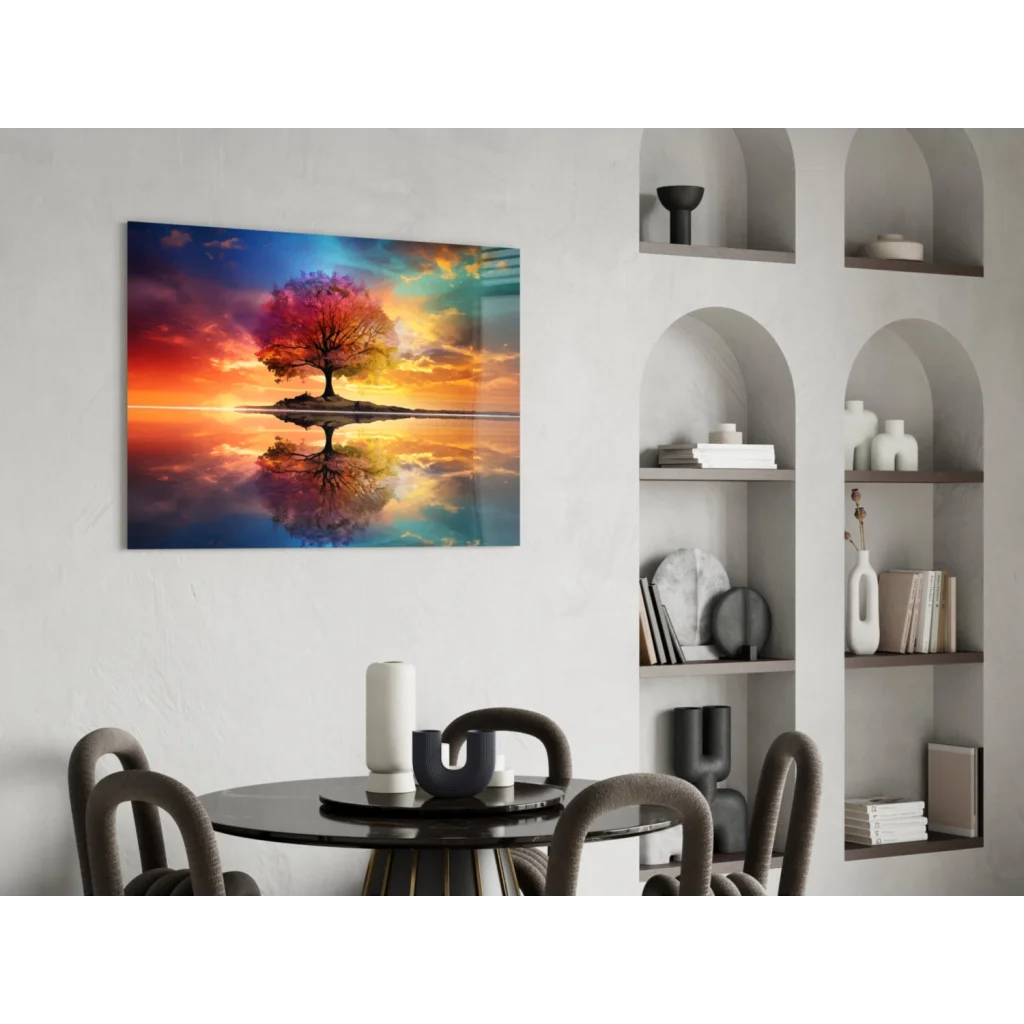 Vibrant sunset tree reflection glass wall art with bold hues