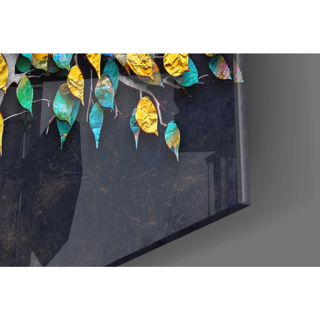 Stunning 3D metallic tree glass wall art with gold teal leaves