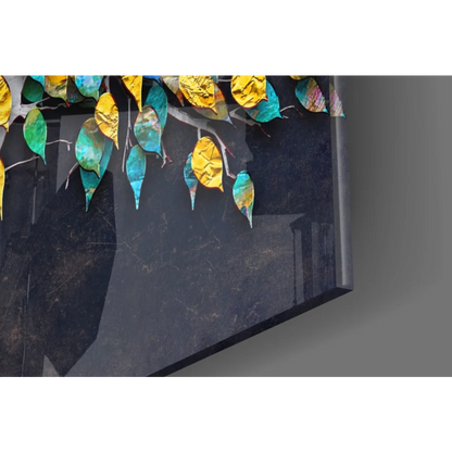Stunning 3D metallic tree glass wall art with gold teal leaves