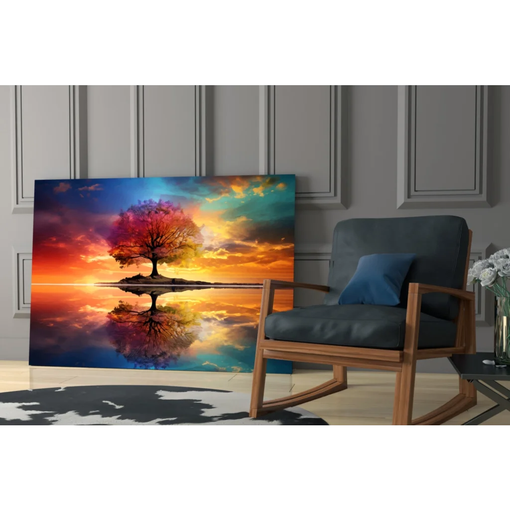 Vibrant sunset tree reflection canvas wall art print