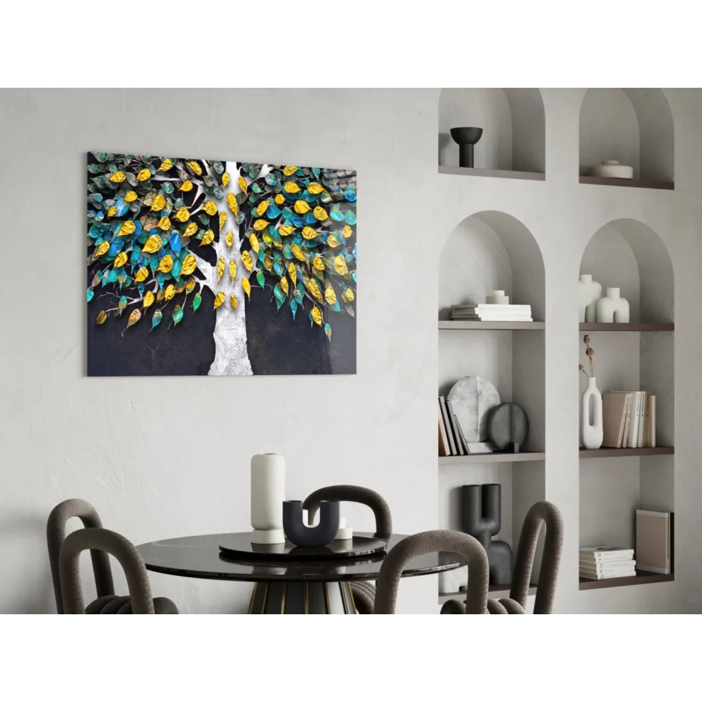 Vibrant 3D metallic glass wall art tree with white trunk and yellow teal leaves