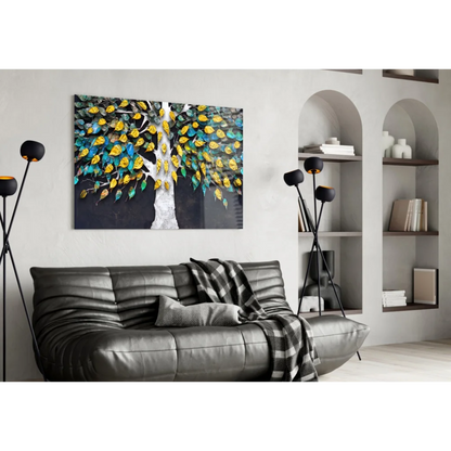 Vibrant 3D metallic tree glass wall art with textured white trunk and yellow-teal leaves on dark background