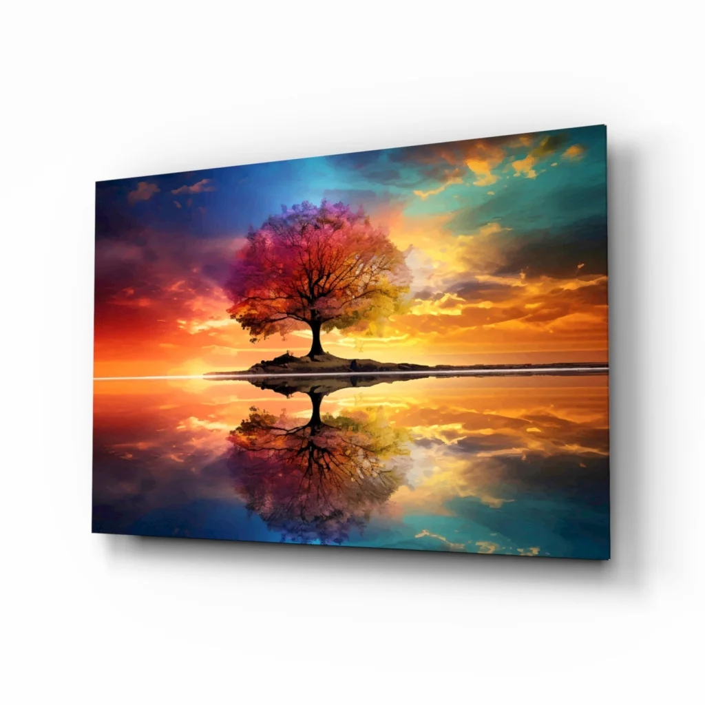 Vibrant sunset tree reflection canvas wall art print