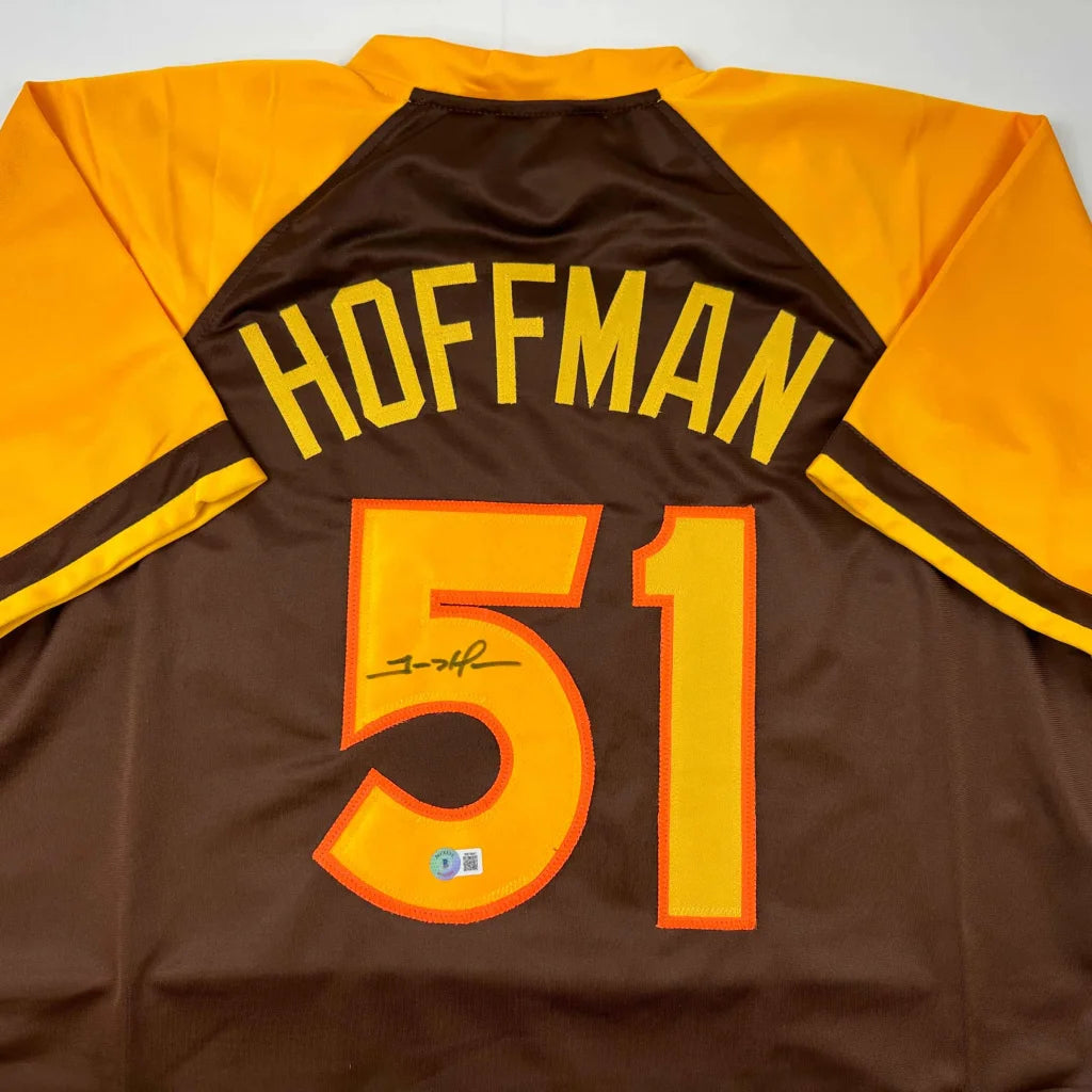 Brown and gold Trevor Hoffman custom jersey signed by baseball legend for professional sports fans