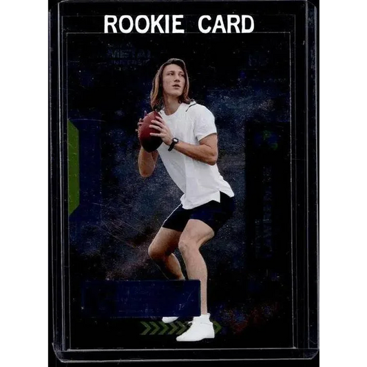 Trevor Lawrence Skybox Metal Universe rookie card featuring male football player throwing