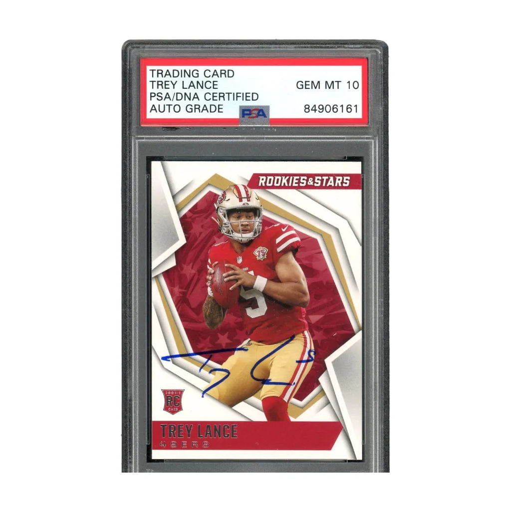 Trey Lance Gem Mint 10 autographed football card in PSA case