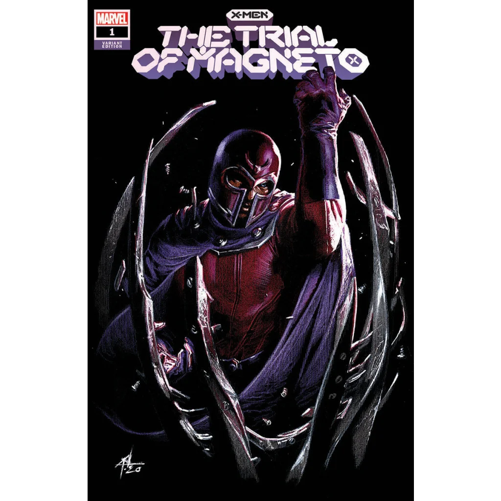 Comic book cover featuring Magneto with metallic shards from The Trial of Magneto comic