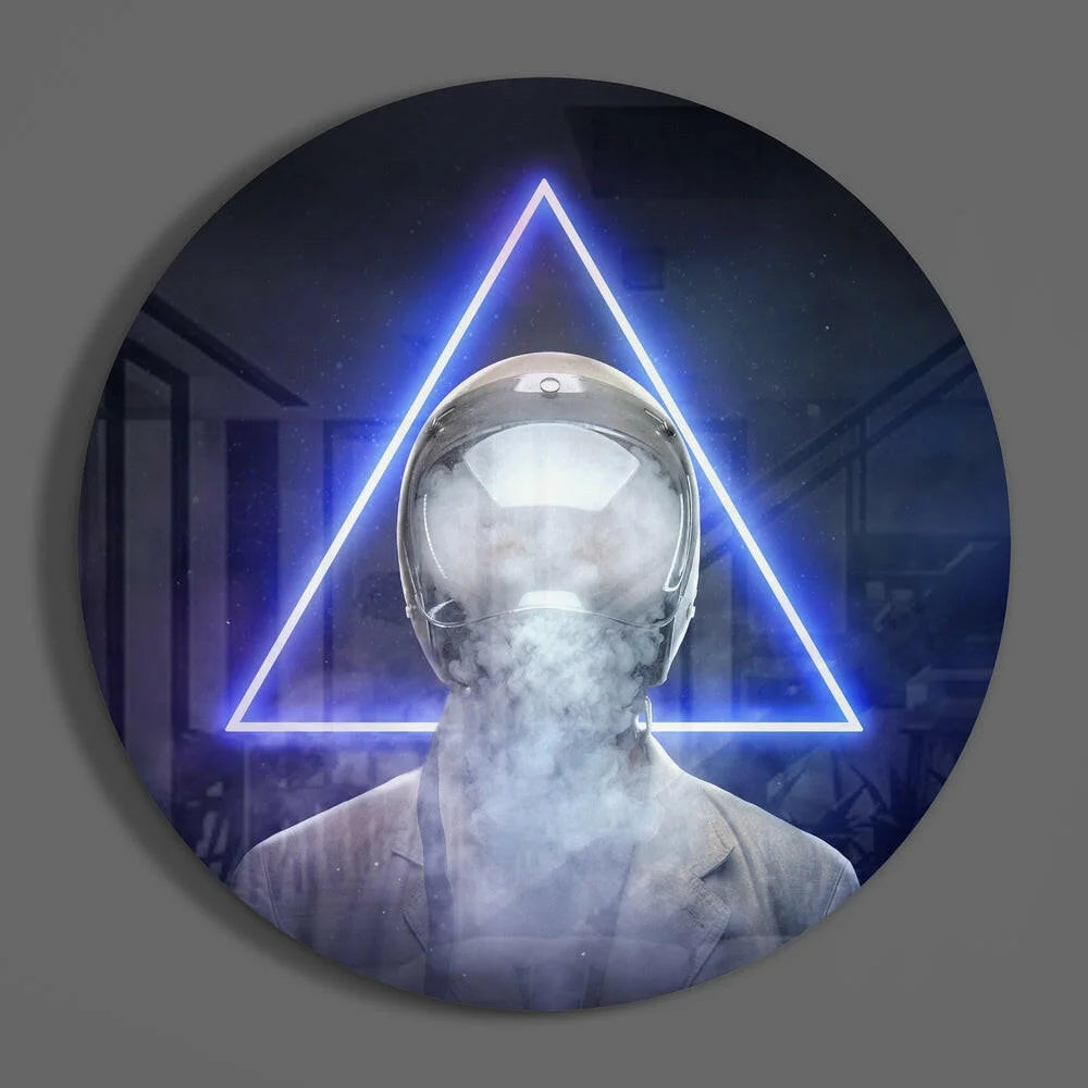 Futuristic astronaut helmet in tempered glass art with neon glow