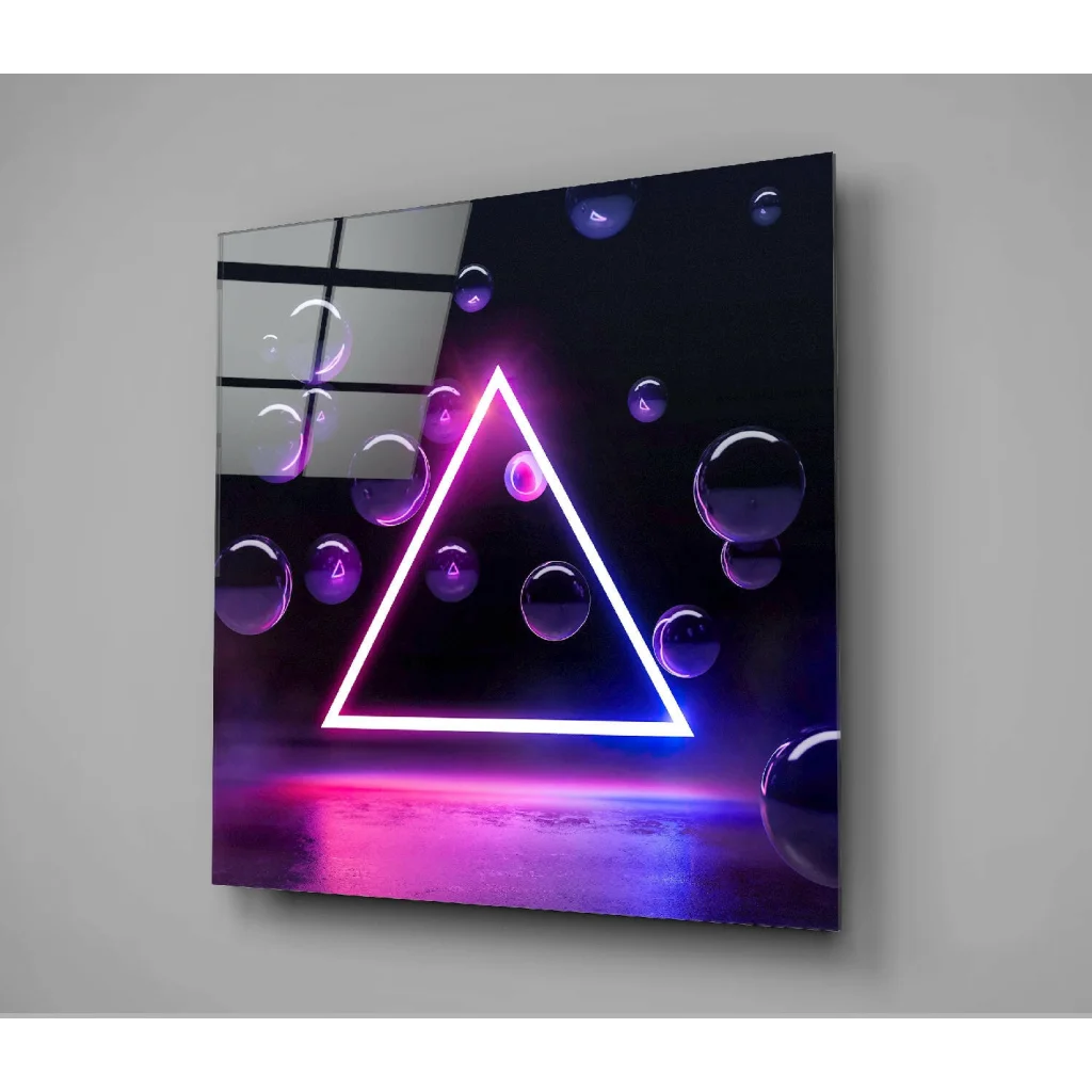 Neon Triangle Glass Wall Art with Purple Bubbles | Modern Wall Art Decor | vintageantiquesgifts.com