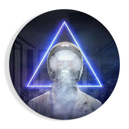 Futuristic astronaut in neon glow on tempered glass art