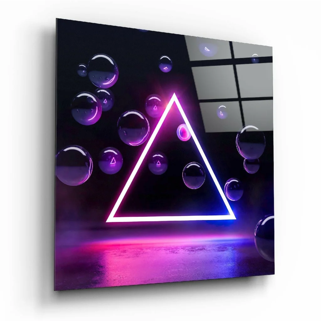 Neon Triangle Glass Wall Art with Purple Bubbles | Insigneart USA | vintageantiquesgifts.com