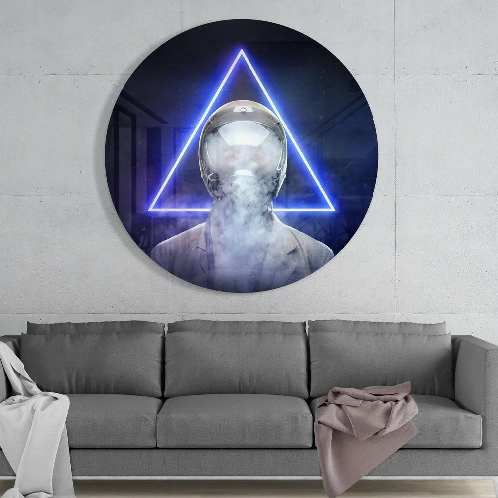 Futuristic astronaut tempered glass art with neon glow helmet and blue triangles