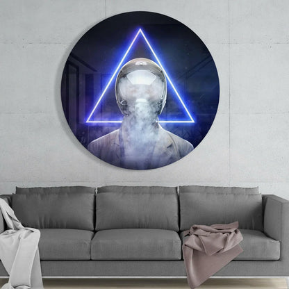 Futuristic astronaut tempered glass art with neon glow helmet and blue triangles
