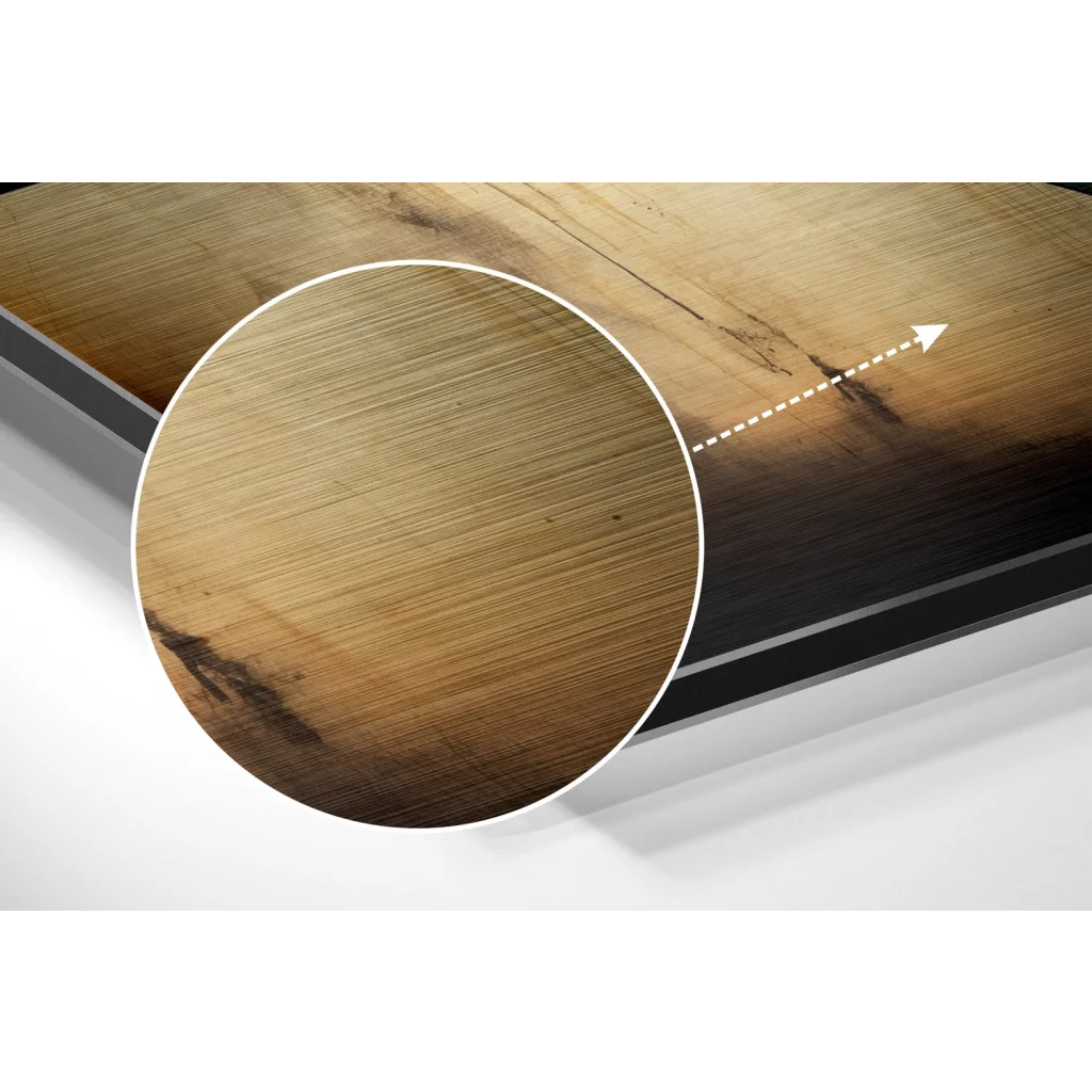 Sleek modern TV with wood-grain frame on brushed aluminium dibond print