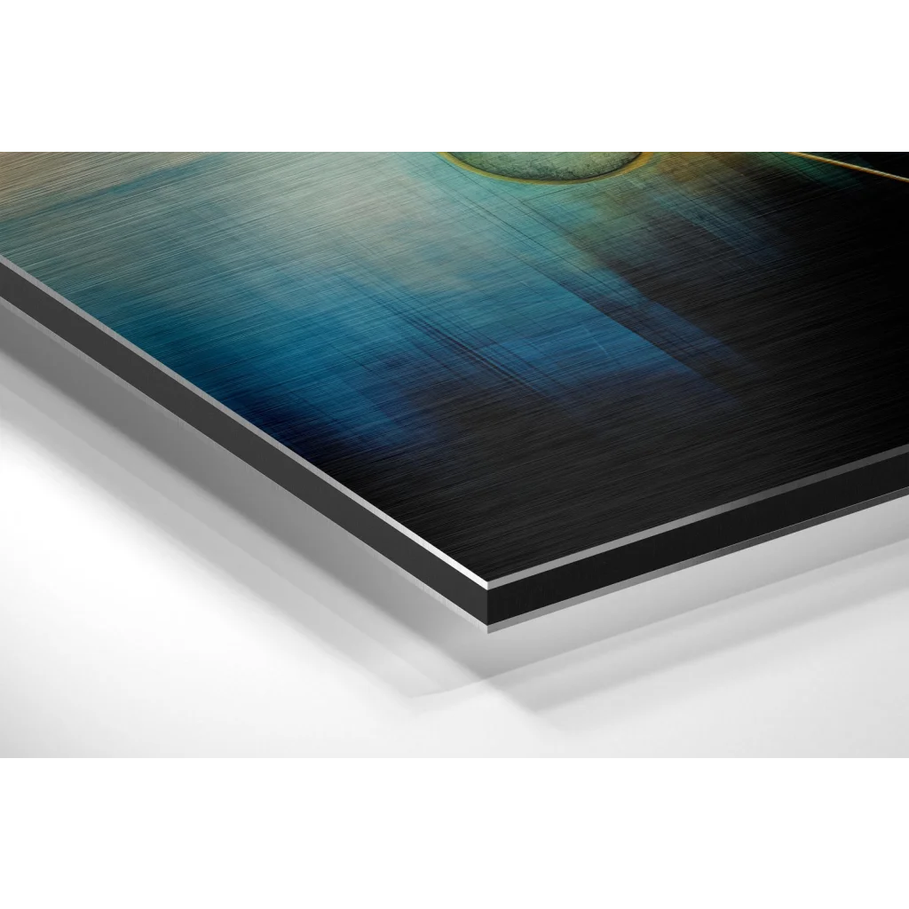 Glass Wall Art Stunning brushed aluminium dibond abstract art print in blues and blacks