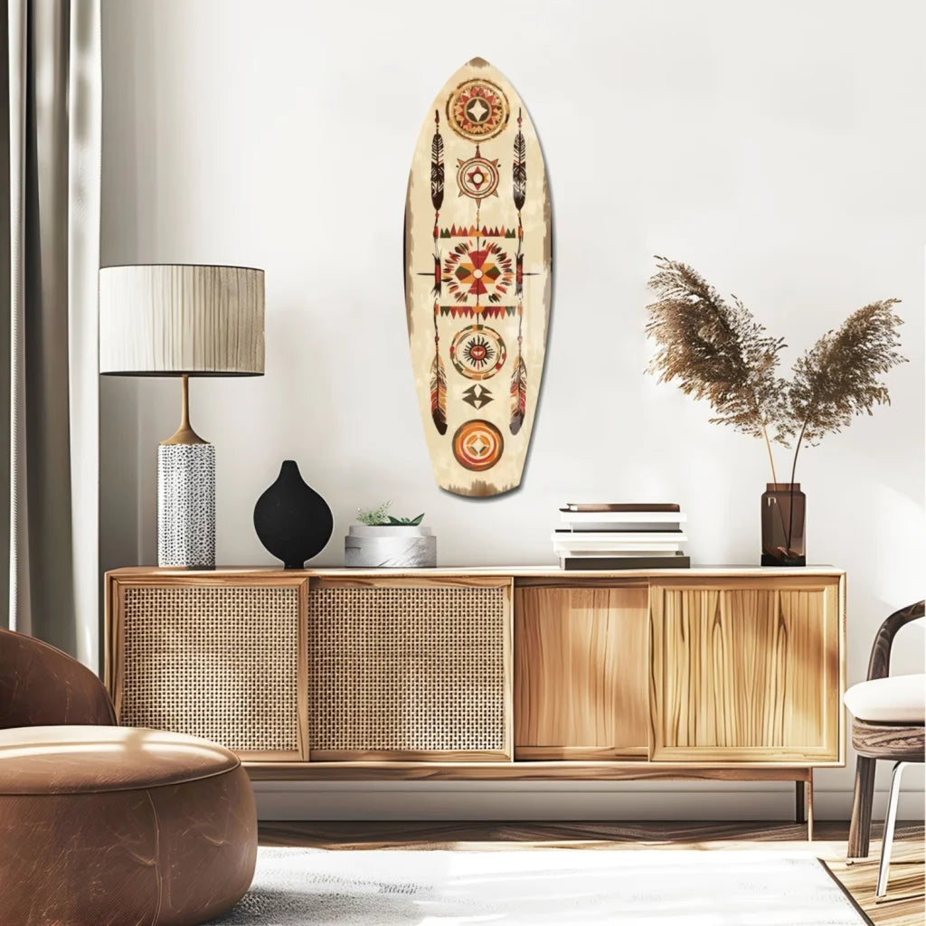 Beige tribal surfboard tempered glass art with red feather patterns