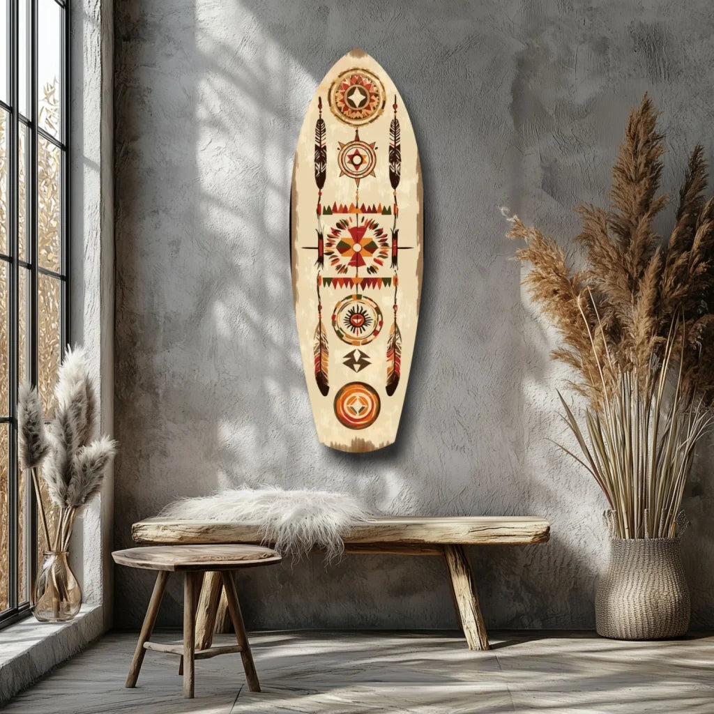 Tribal surfboard tempered glass art with red tribal patterns and feathers
