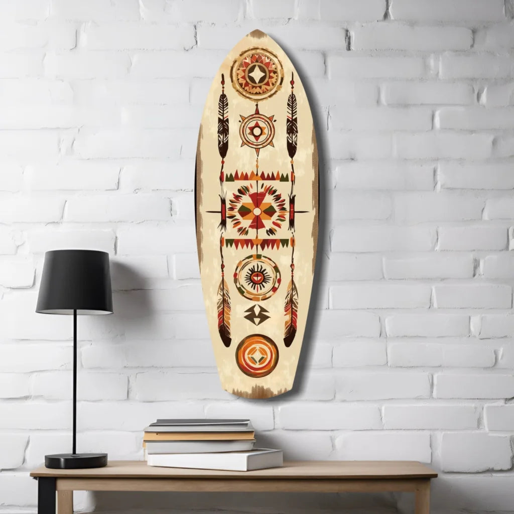 Tribal surfboard tempered glass art with native geometric designs