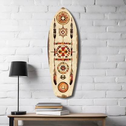 Tribal surfboard tempered glass art with native geometric designs