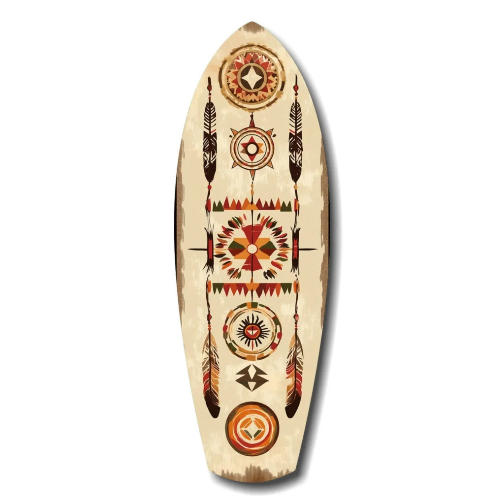 Beige surfboard tempered glass art with Native American patterns