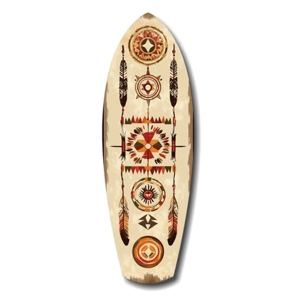 Beige surfboard tempered glass art with Native American patterns