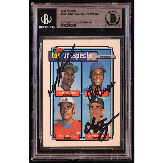 Graded 1992 Topps baseball card with Chipper Jones, Manny Alexander, and Alex Arias autographs