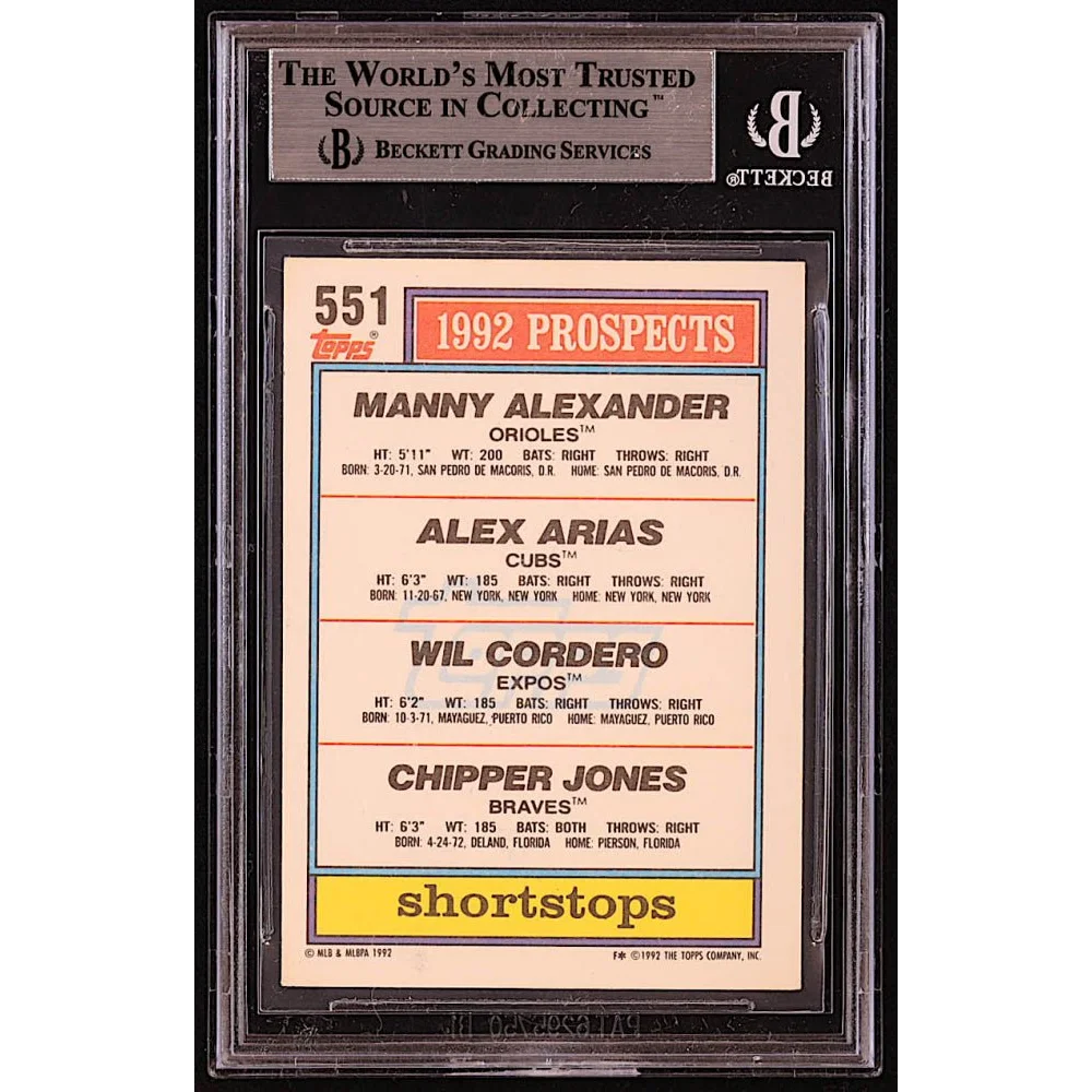Baseball card with Chipper Jones Manny Alexander and Alex Arias in BGS holder